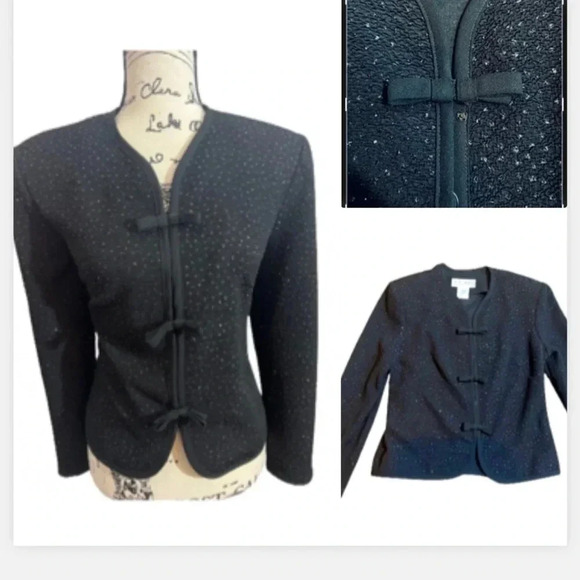 JESSICA HOWARD BLACK VINTAGE BLAZER SPARKLE SEQUINS BOW BUTTON STRETCH SIZE 12 - Picture 1 of 13